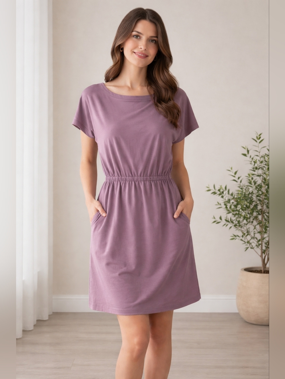 Nicole Miller Casual Mauve Elastic-Waist Short Sleeve Dress